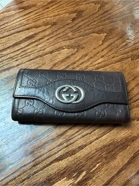 Gucci Brown Embossed GG Continental Wallet with Silver Hardware